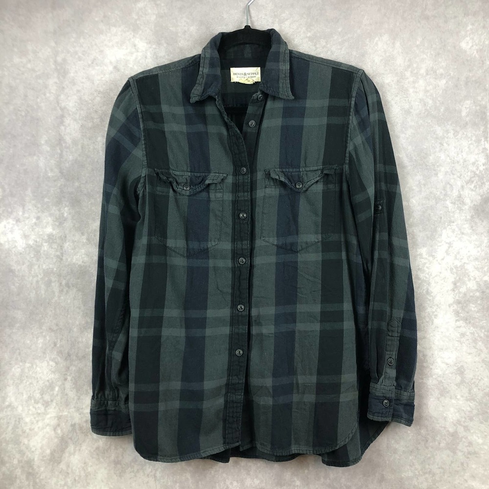 Denim & Supply Ralph Lauren Plaid Button Up Top Drapey Back Green Black Size S